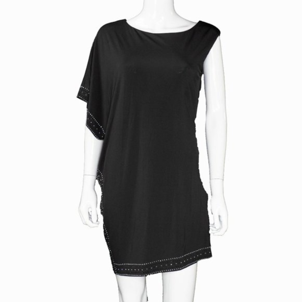 Bebe Black Asymmetrical Sleeve Studded Knit Dress